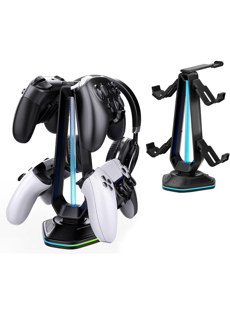 epicarma حامل سماعات RGB مع 9 تأثيرات ضوئية و 2 منفذ شحن USB - حامل وحدة التحكم للمكتب - حامل سماعات رأس و خطاف وحدة تحكم قابل للفصل لإعداد غرفة الألعاب على الكمبيوتر - Image 1
